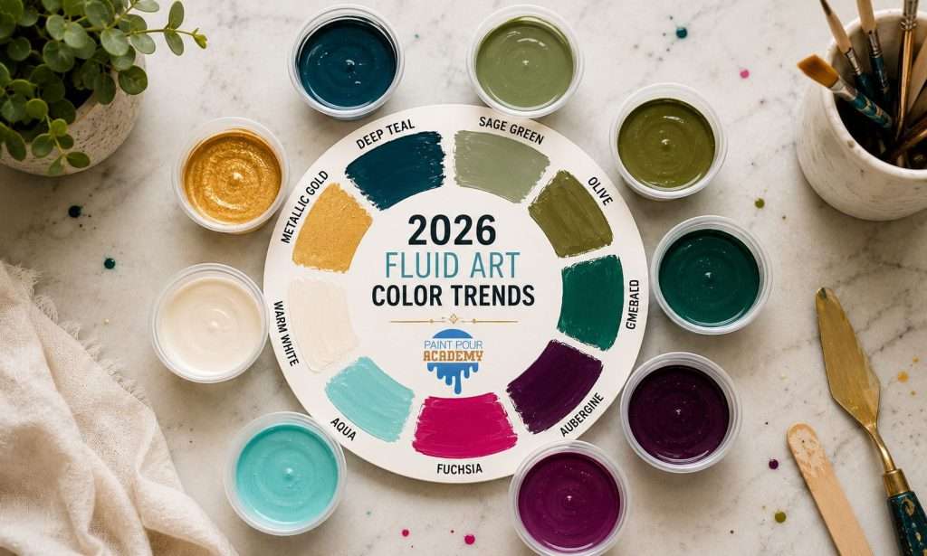 2026 Color Trends for Fluid Art (And Palettes I'm Loving Right Now) 3 Color mixing cups labeled with 2026 Color Trends for Fluid Art