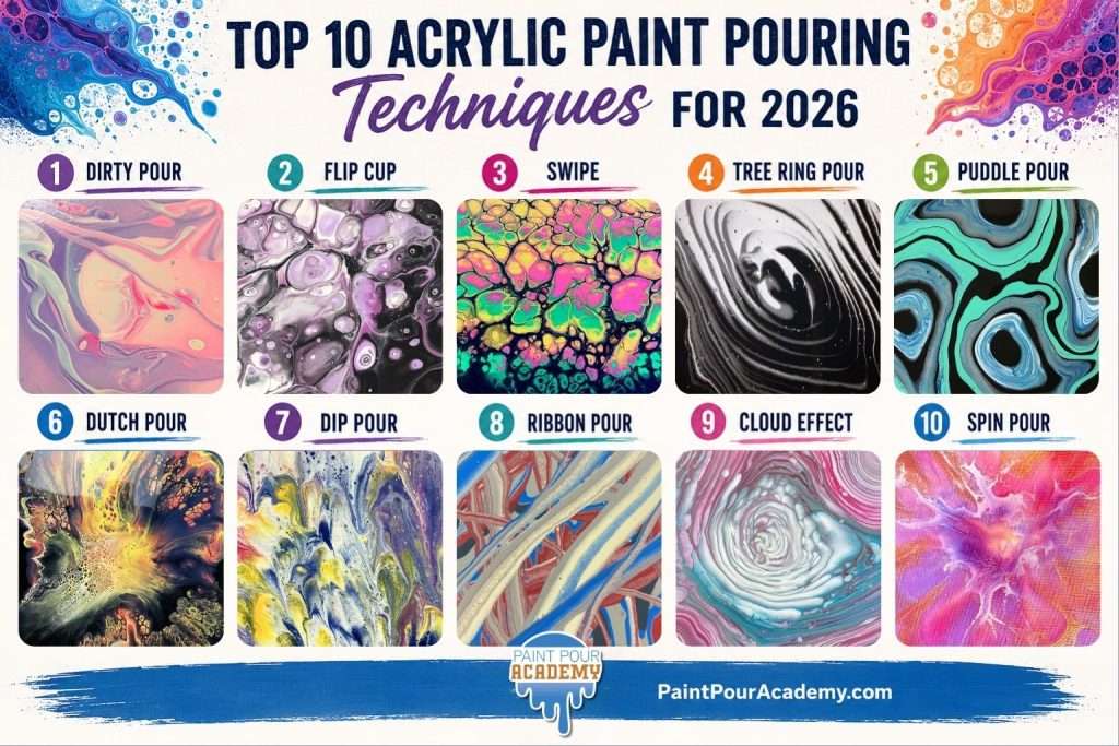 Top 10 Acrylic Paint Pouring Techniques for 2026 2 Grid graphic showing 10 acrylic paint pouring techniques with a sample swatch of fluid art for each, including dirty pour, tree ring, and Dutch pour