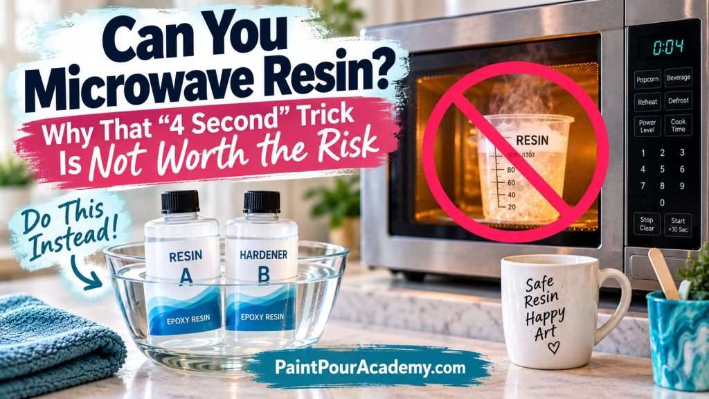 Can You Microwave Resin? Why That "4 Second" Trick Is Not Worth the Risk 1 Featured image for “Can You Microwave Resin?” showing resin in a microwave with a warning symbol and sealed resin bottles warming safely in a warm water bath instead.