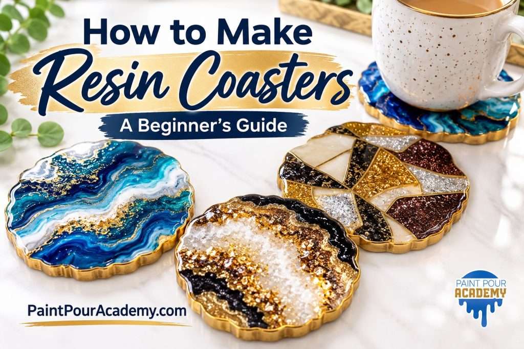 How to Make Resin Coasters: 3 Easy Ideas for Beginners 1 Four colorful handmade resin coasters featuring blue ocean waves, gold glitter, and geode designs, with a coffee mug and text reading “How to Make Resin Coasters: A Beginner’s Guide” by Paint Pour Academy.